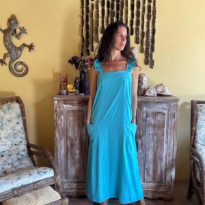 Vestido Longo Azul Turquesa com Alças Franzidas e Bolsos – tam G