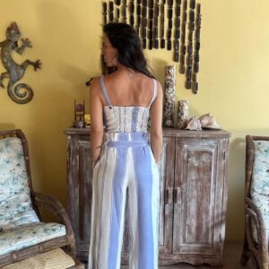 Conjunto Calça e Cropped Listrado Azul e Off-white – Santa Origem – tam M
