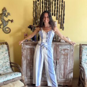 Conjunto Calça e Cropped Listrado Azul e Off-white – Santa Origem – tam M