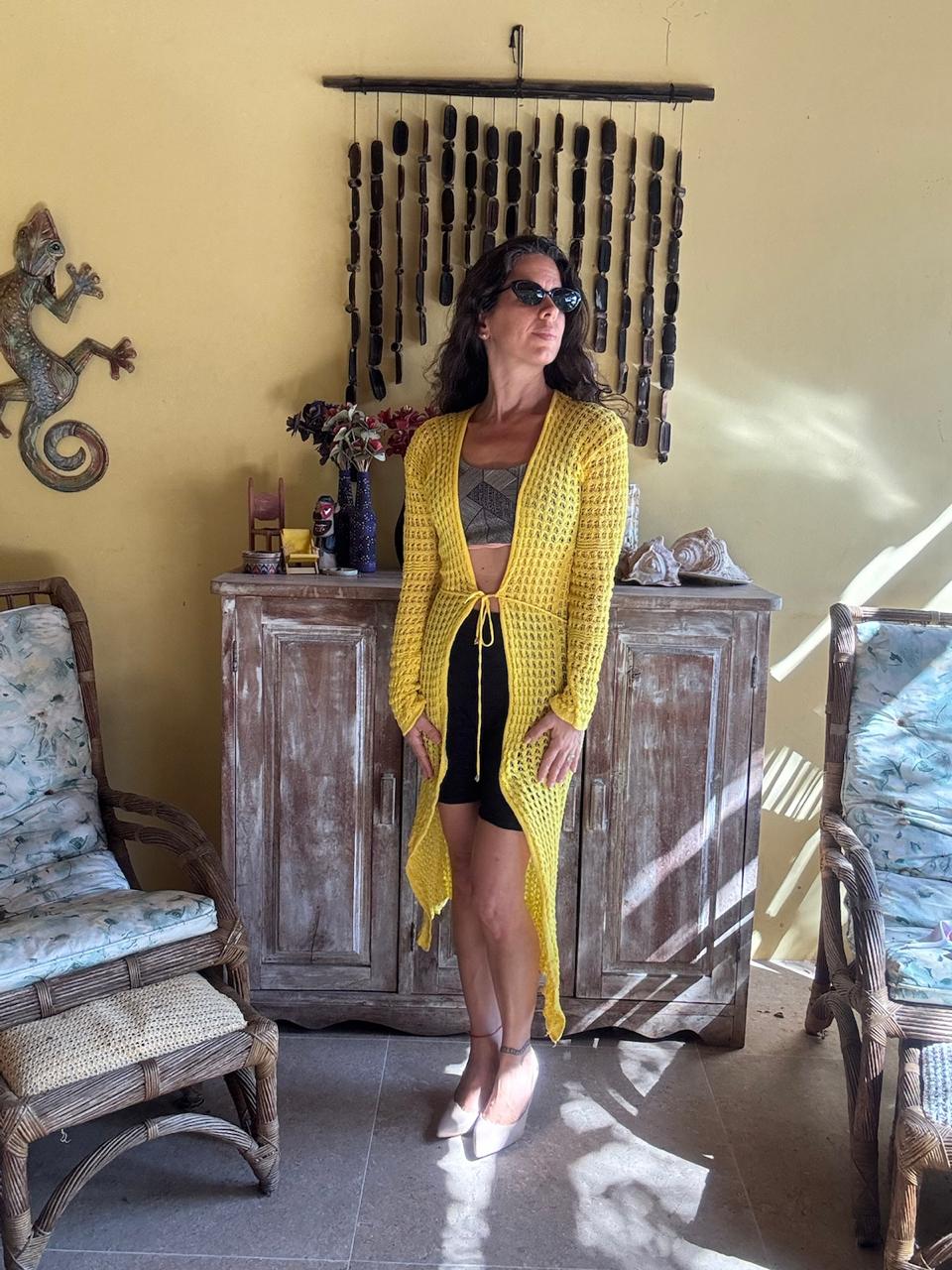 Saída de Praia Longa Amarela em Tricot com Amarração – Ana Maria Tricô – tam M