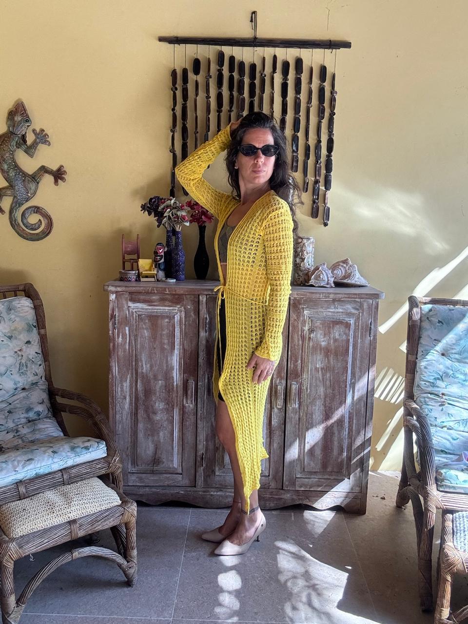 Saída de Praia Longa Amarela em Tricot com Amarração – Ana Maria Tricô – tam M - Imagem 4