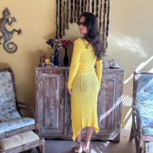 Saída de Praia Longa Amarela em Tricot com Amarração – Ana Maria Tricô – tam M