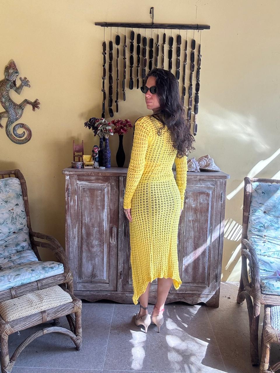 Saída de Praia Longa Amarela em Tricot com Amarração – Ana Maria Tricô – tam M - Imagem 2