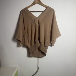 Blusa Bege Transparente com Decote V Laço, Aplicação de Pedrarias e Pena – tam P