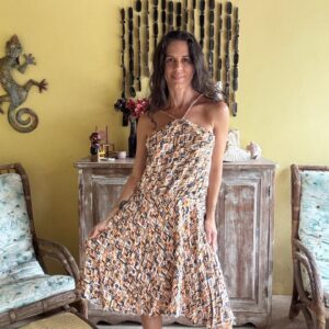 Vestido Halter Estampa Laranja Geométrico com Corrente – Cambodja – tam G
