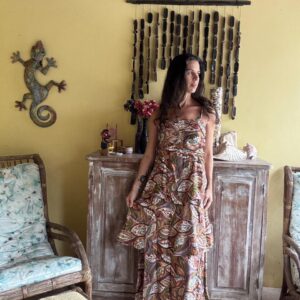 Vestido Longo Estampa Folhagem Laranja e Marrom – Marfinno – tam M