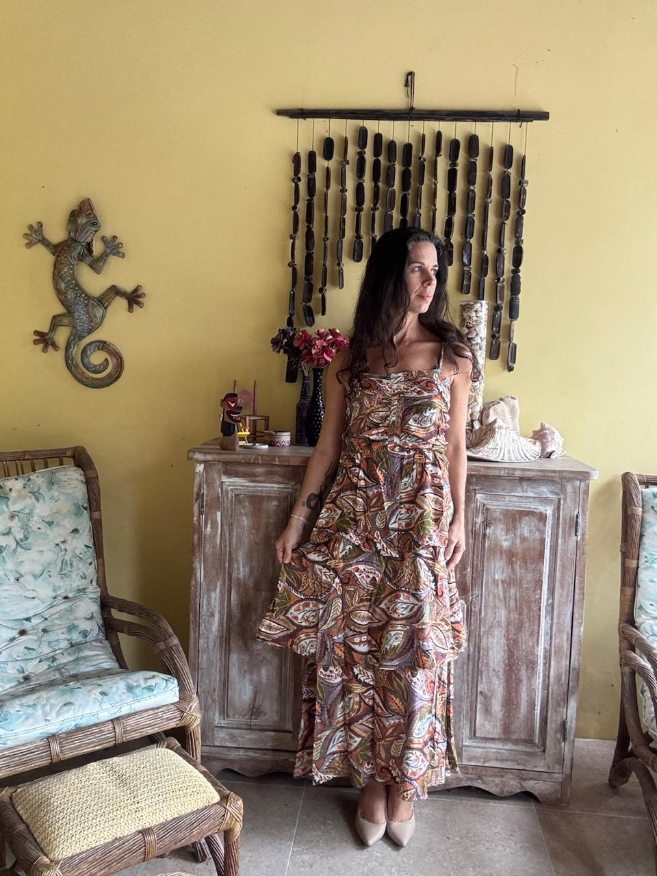Vestido Longo Estampa Folhagem Laranja e Marrom – Marfinno – tam M