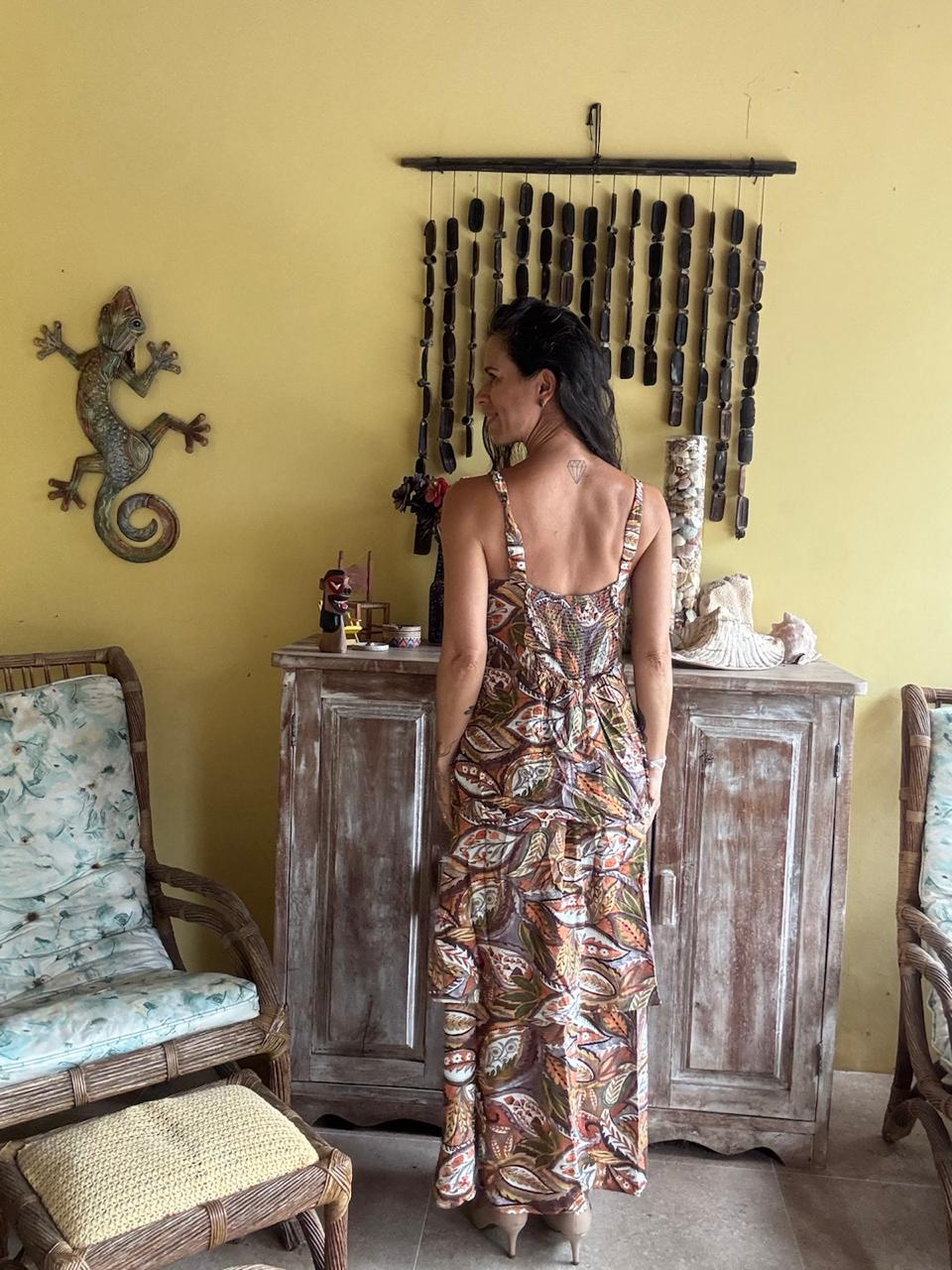 Vestido Longo Estampa Folhagem Laranja e Marrom – Marfinno – tam M - Imagem 2