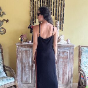 Vestido Longo Preto Canelado com Faixa Lateral Marrom – Luigi Bertolli – tam GG