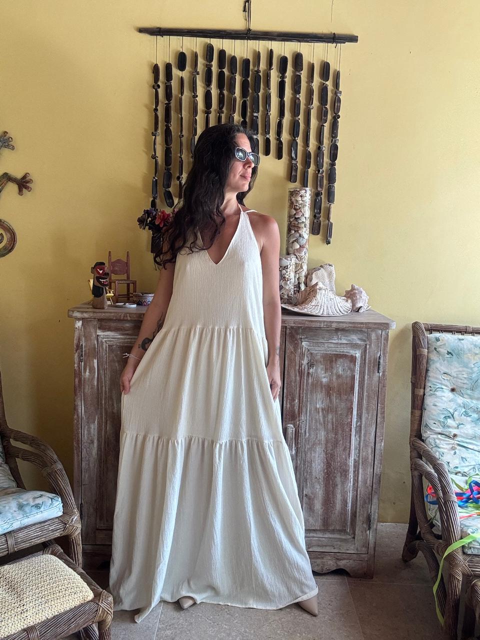 Vestido Longo Nude Decote V – tam P
