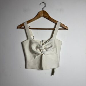 Top Cropped Off-white Canelado com Zíper e Nó Frontal – A Collection – tam M