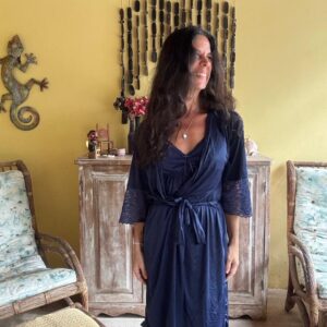 Conjunto de Robe e Camisola DeMillus Azul Marinho com Renda - Tam M