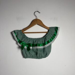 Conjunto Short Saia e Top Infantil Verde e Branco Quadriculado com Babados e Laços – tam M