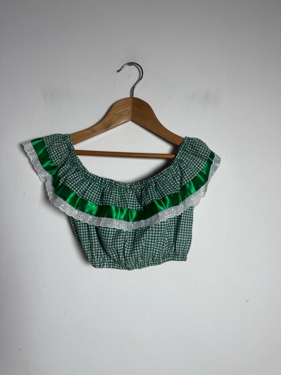 Conjunto Short Saia e Top Infantil Verde e Branco Quadriculado com Babados e Laços – tam M - Imagem 6
