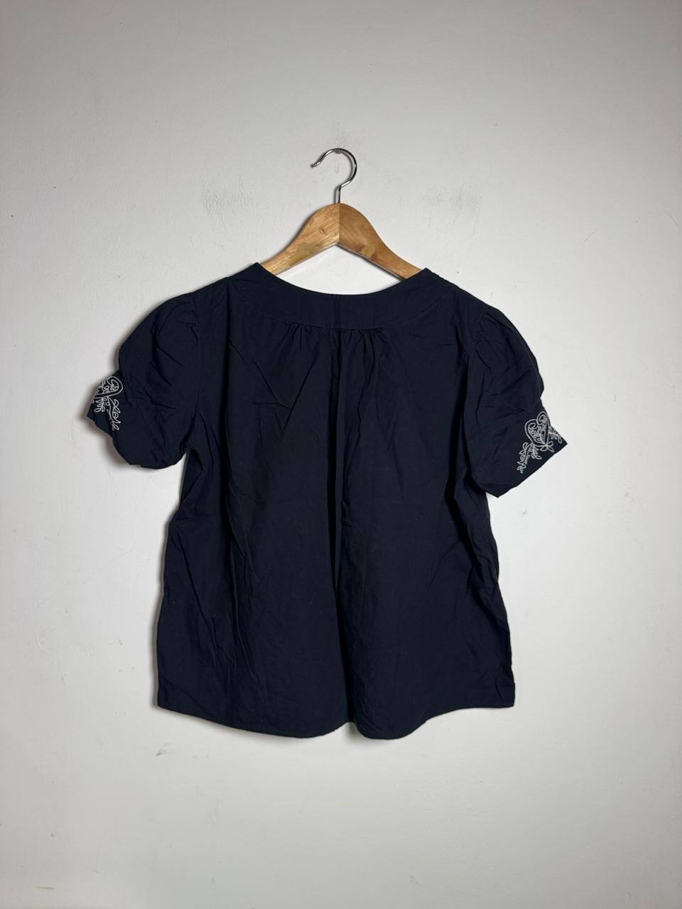 Blusa Feminina Azul Marinho Bordada Mangas Bufantes – tam 38 - Imagem 4