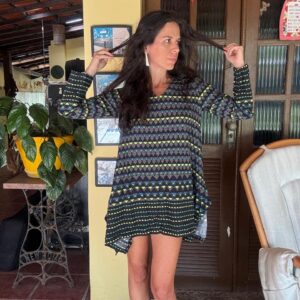 Vestido estampa cinza amarelo azul manga comprida – Zoom – tam M