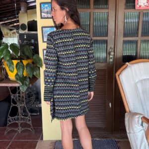 Vestido estampa cinza amarelo azul manga comprida – Zoom – tam M
