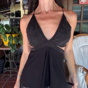 Top / Corpete Preto com Bojo, Cut-outs, Tule e Brilho – For Use – tam P