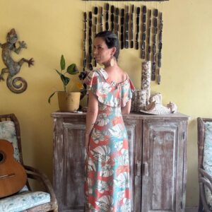 Vestido Longo Estampa Tropical Laranja e Verde – tam 38