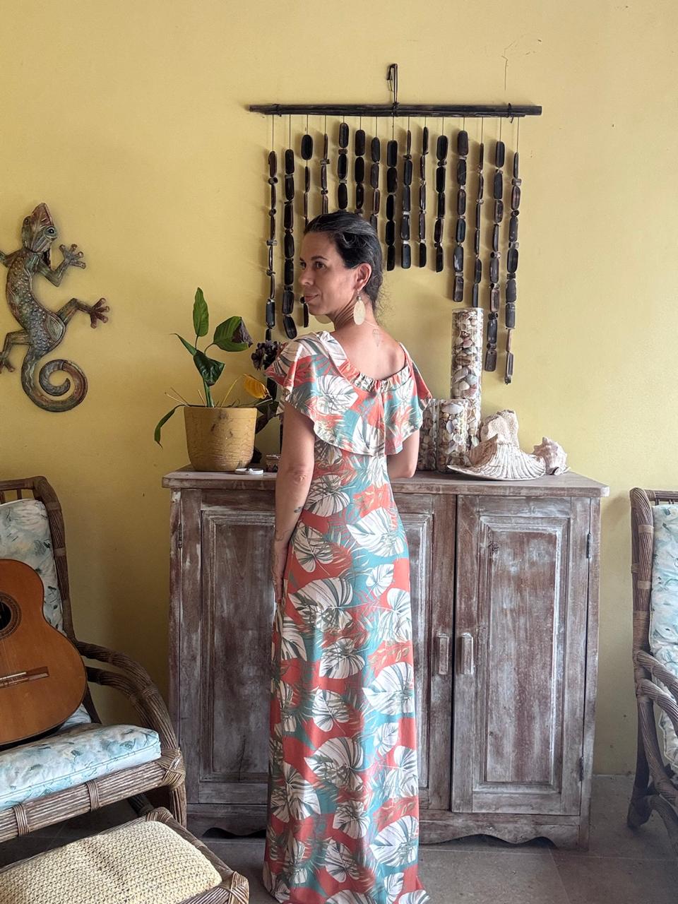 Vestido Longo Estampa Tropical Laranja e Verde – tam 38 - Imagem 2