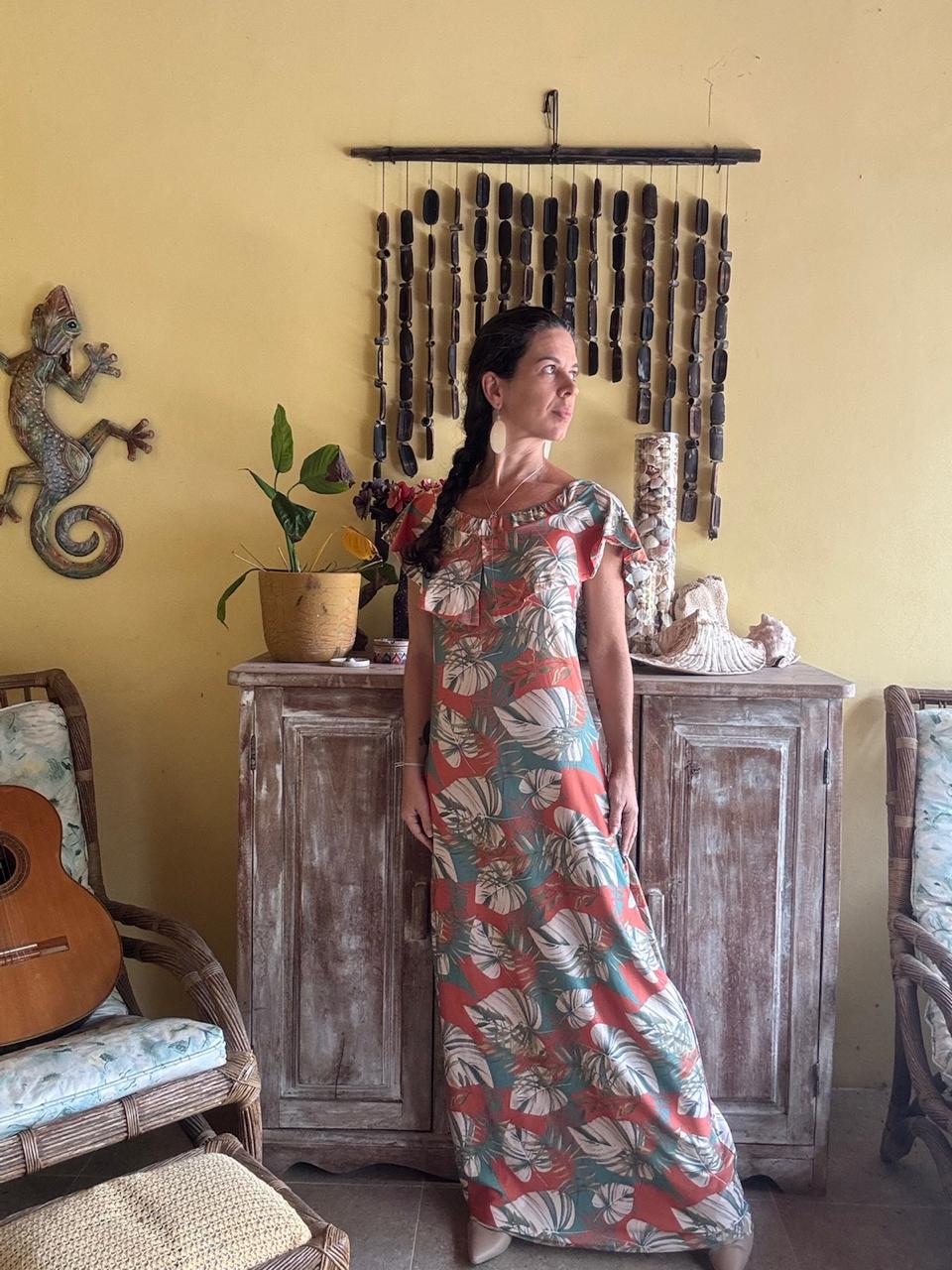 Vestido Longo Estampa Tropical Laranja e Verde – tam 38 - Imagem 4