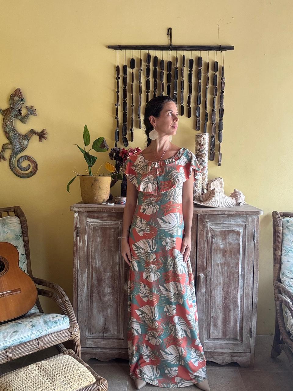 Vestido Longo Estampa Tropical Laranja e Verde – tam 38