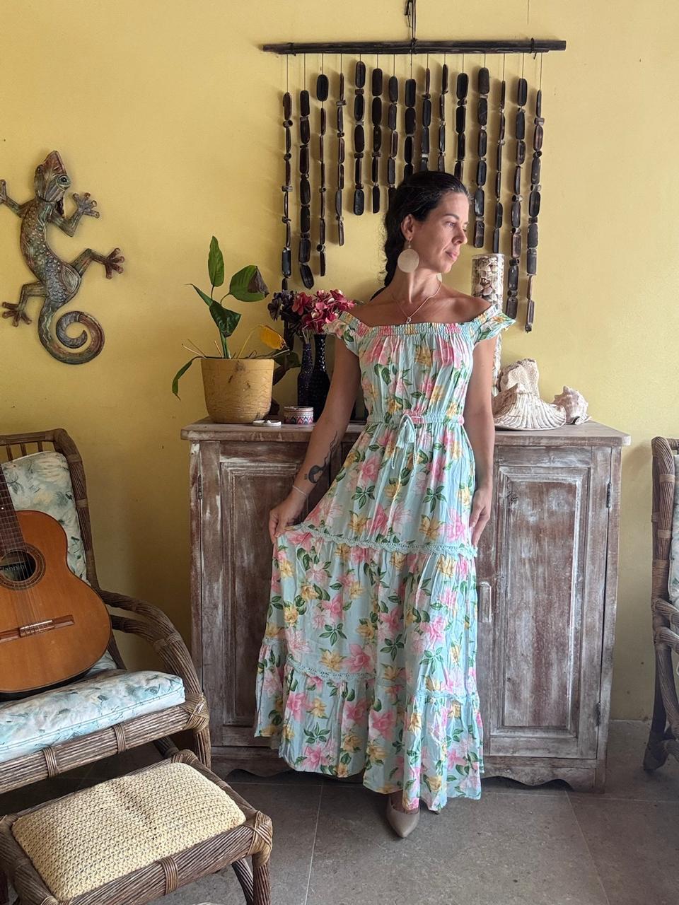 Vestido Longo Ombro a Ombro Estampa Flores – Fuzarka – tam 13/14