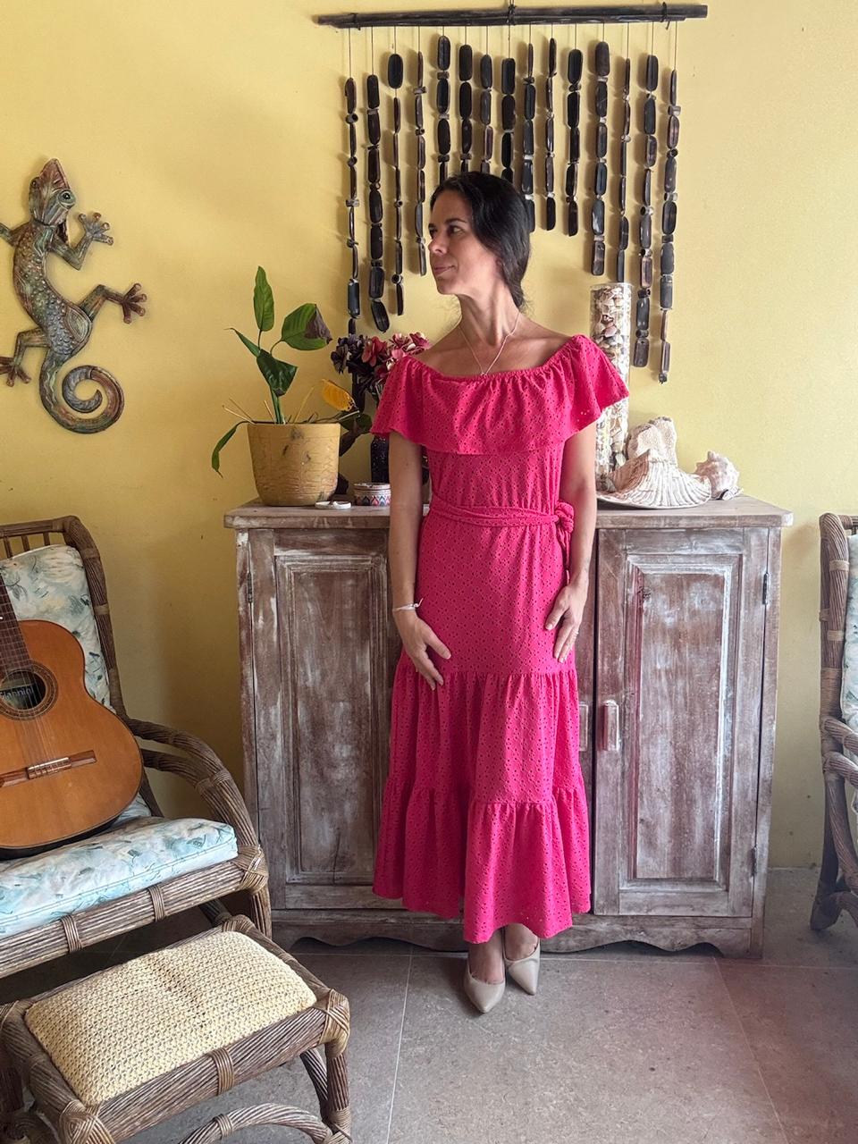 Vestido Longo Rosa Babado Off-shoulder Laise – Beautt – tam P
