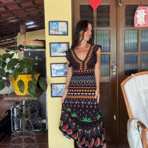Vestido Longo Preto Estampado Tropical – Farm – tam P