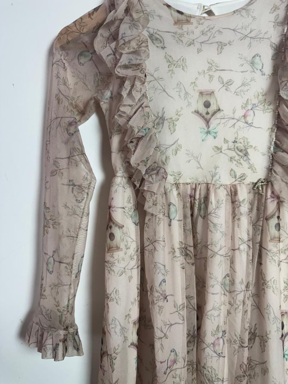 Vestido Infantil Rosa de Tule com Estampa de Passarinhos e Babados – Kiki – tam 10 - Imagem 3