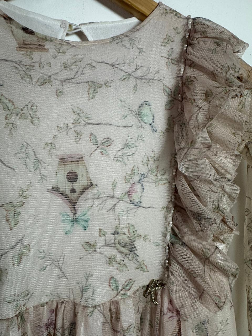 Vestido Infantil Rosa de Tule com Estampa de Passarinhos e Babados – Kiki – tam 10 - Imagem 6