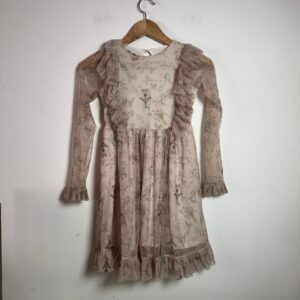Vestido Infantil Rosa de Tule com Estampa de Passarinhos e Babados – Kiki – tam 10