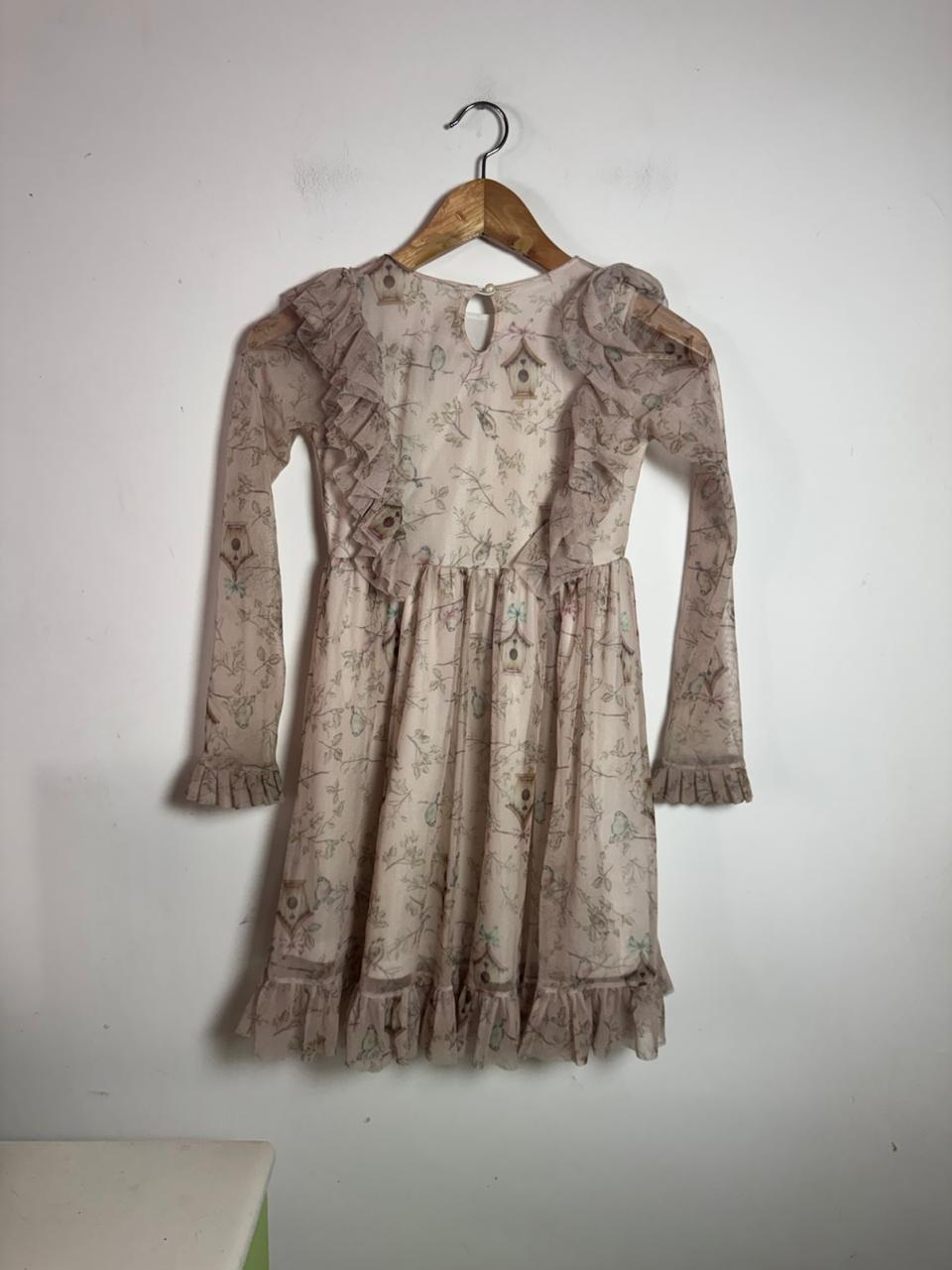 Vestido Infantil Rosa de Tule com Estampa de Passarinhos e Babados – Kiki – tam 10 - Imagem 2