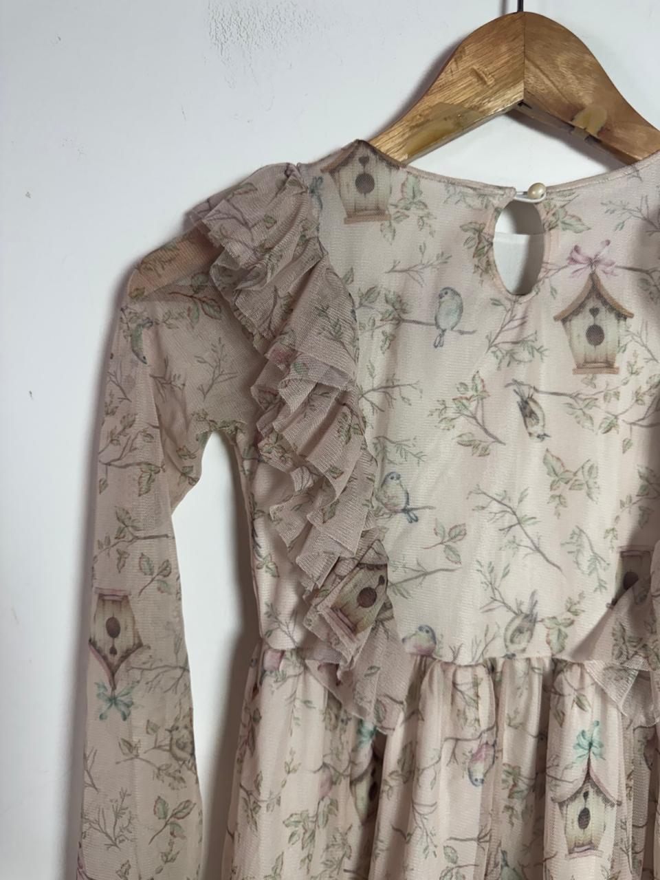 Vestido Infantil Rosa de Tule com Estampa de Passarinhos e Babados – Kiki – tam 10 - Imagem 4