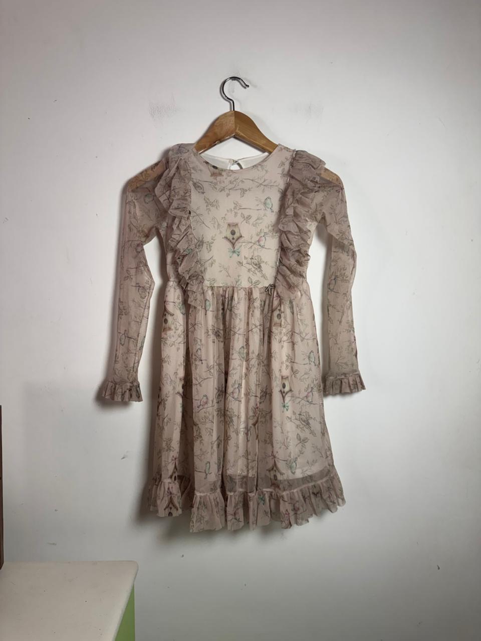Vestido Infantil Rosa de Tule com Estampa de Passarinhos e Babados – Kiki – tam 10