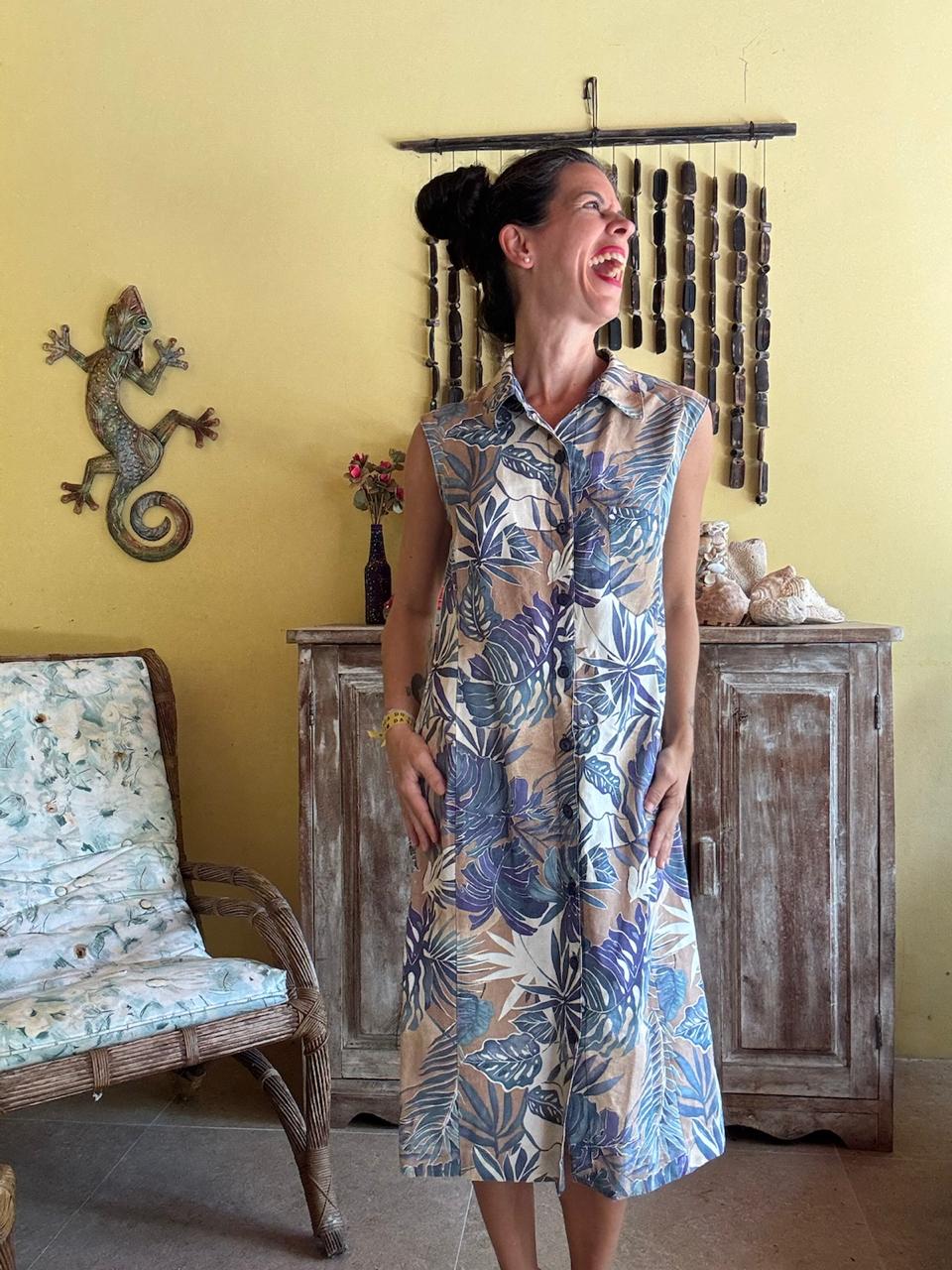 Vestido Chemise Estampa Folhagens Azul – El Corte Inglés – tam 48 - Imagem 3