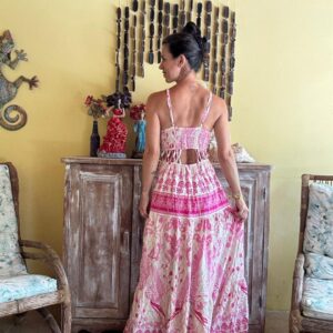 Vestido Longo Estampado Rosa Cut-out Bojo – Sumaicy – tam M