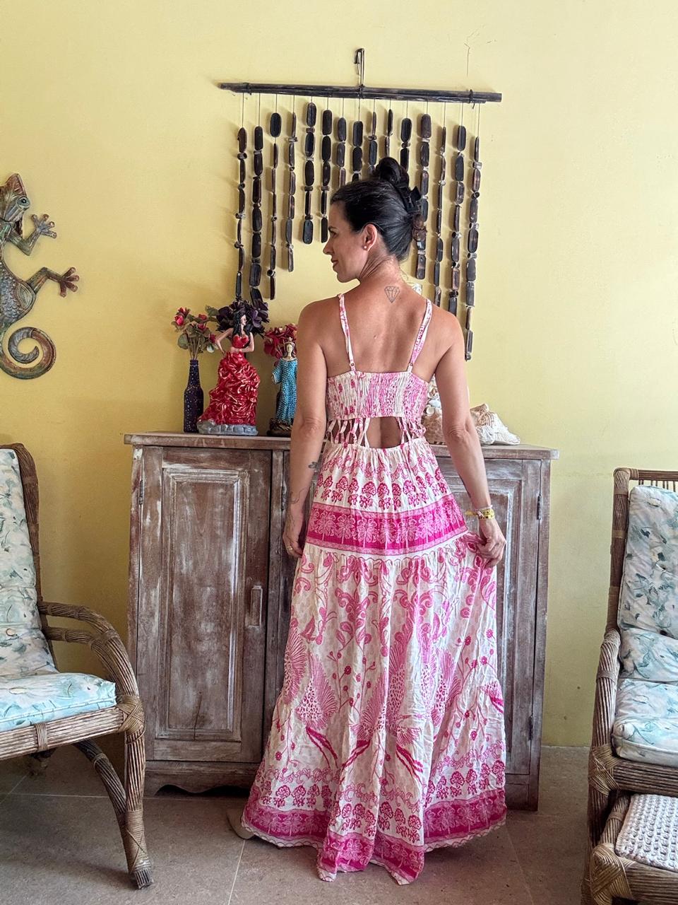 Vestido Longo Estampado Rosa Cut-out Bojo – Sumaicy – tam M - Imagem 2