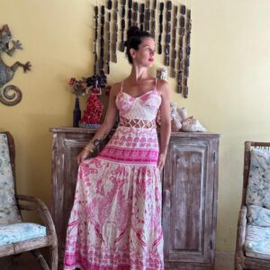Vestido Longo Estampado Rosa Cut-out Bojo – Sumaicy – tam M